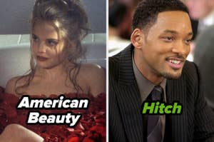 Mena Suvari in a bath of roses in american beauty and will smith smiling in hitch