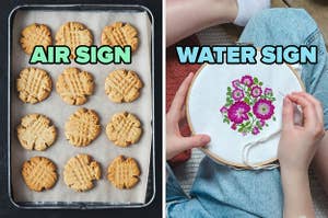 On the left, some peanut butter cookies on a tray labeled air sign, and on the right, someone embroidering flowers labeled water sign