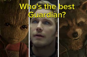 Groot, Star Lord, and Rocket are facing each other labeled, "Who's the best Guardian
