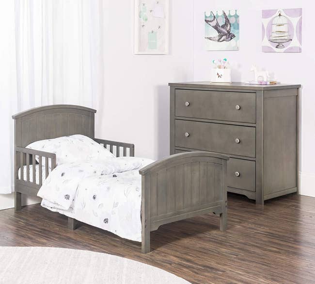 The grey toddler bed