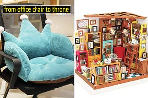 a blue crown shaped pillow in an office chair / a bookstore model kit