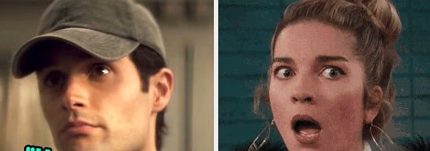 joe with a hat on in you captioned "He ... stalked me until he learned my entire schedule" and alexis looking shocked on schitt's creek captioned "he tried to kidnap my sister"