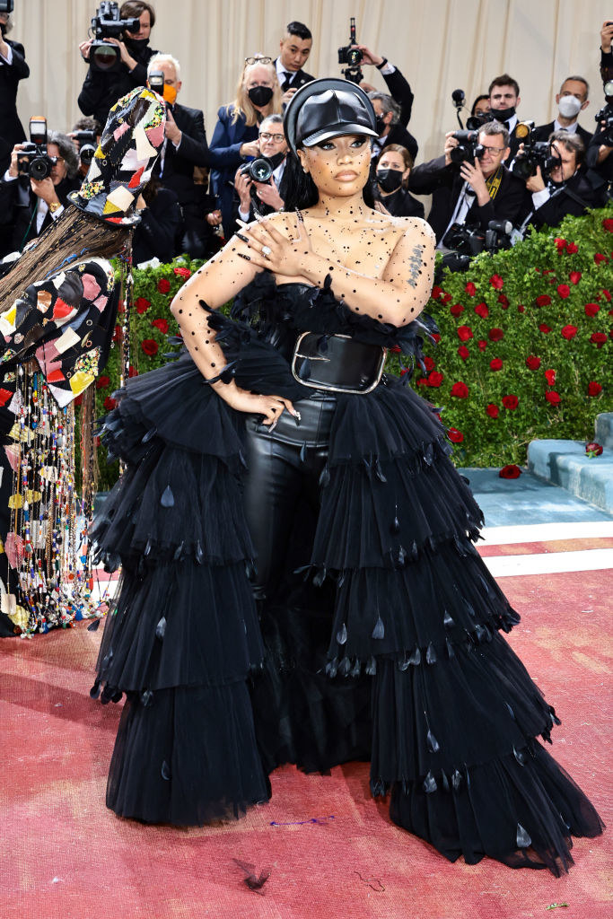 Nicki Minaj in a leather dress with mesh embellishments
