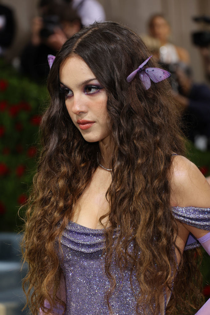 A closeup of Olivia Rodrigo in the gown