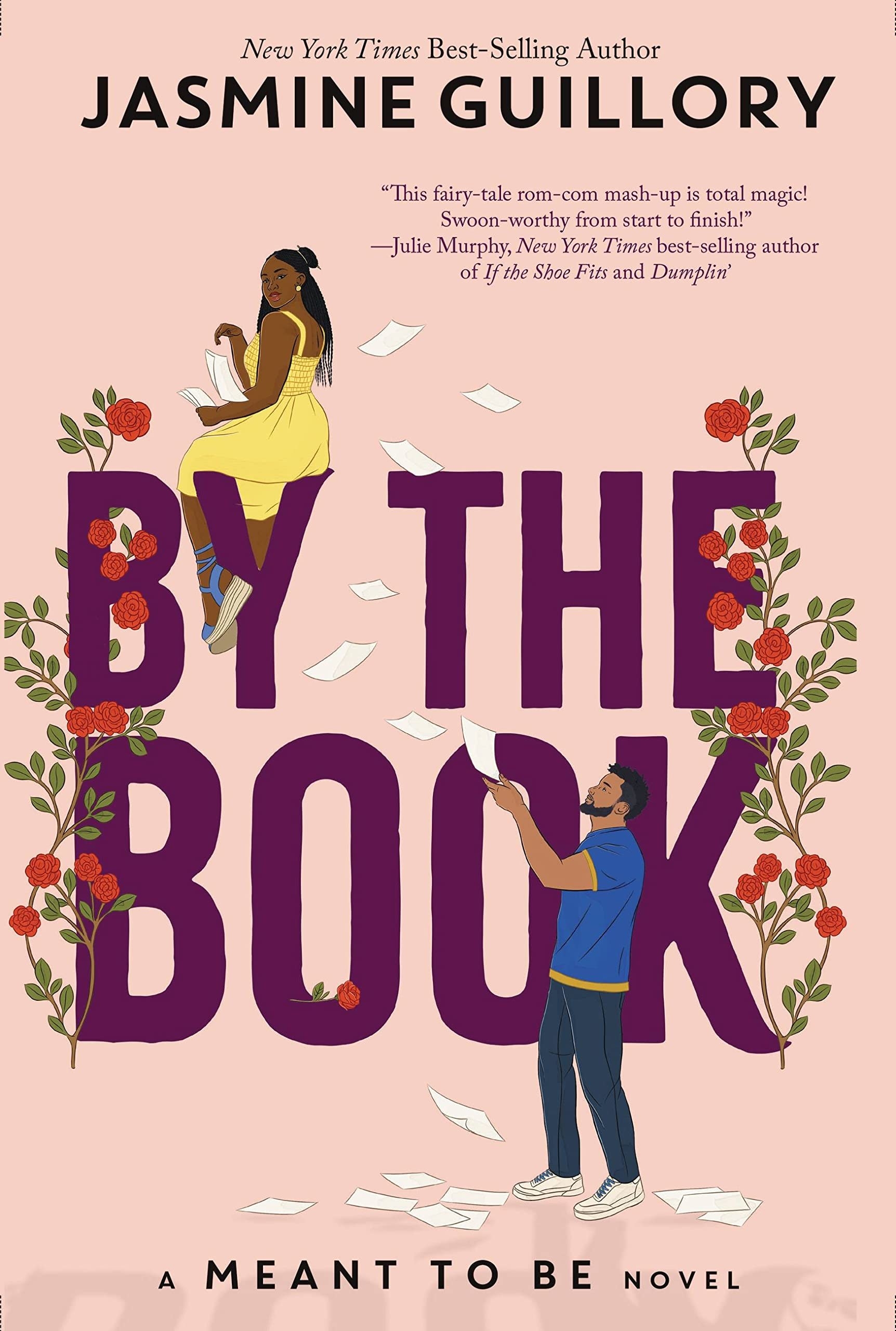 &quot;By the Book&quot; cover illustration of a woman sitting with pieces of paper falling from her hands and a guy standing below and grabbing them