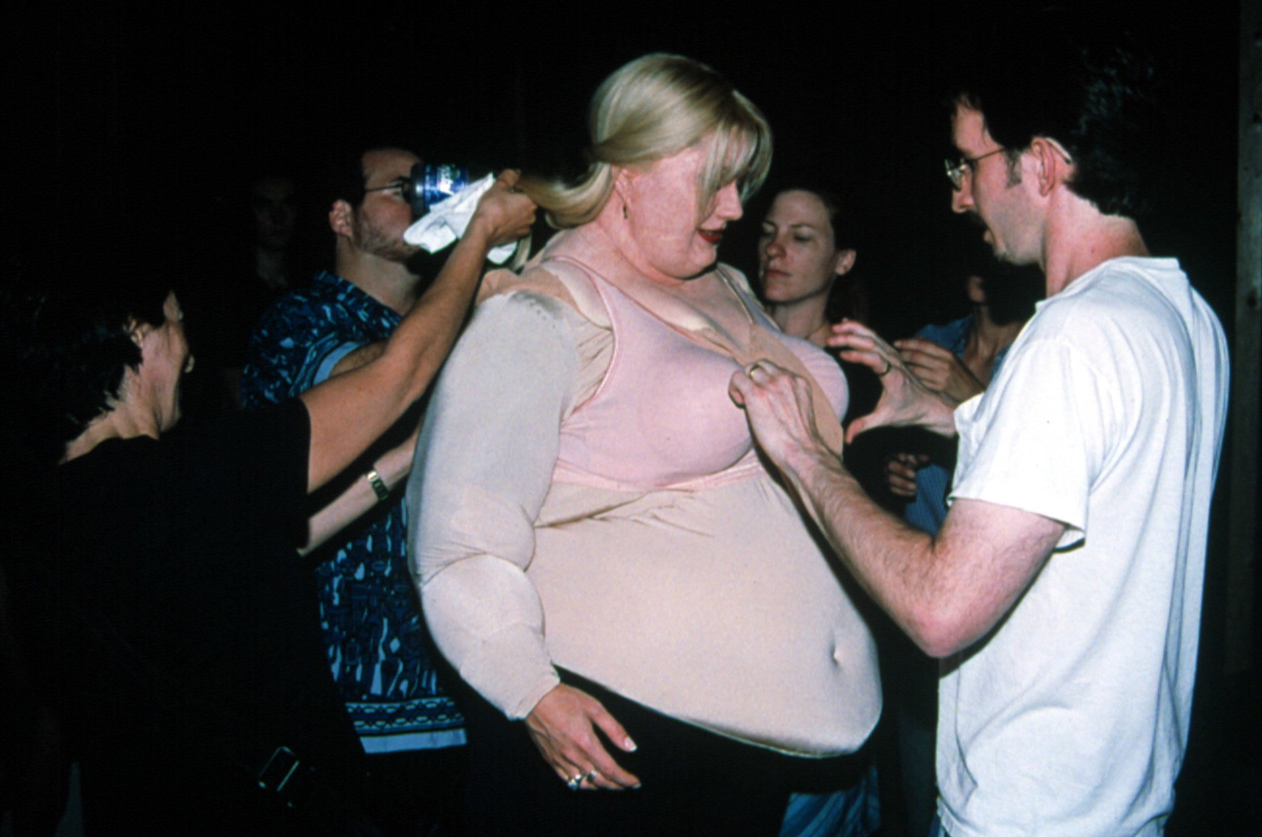 Gwyneth Paltrow being fitted into her fat suit on the set of shallow hal