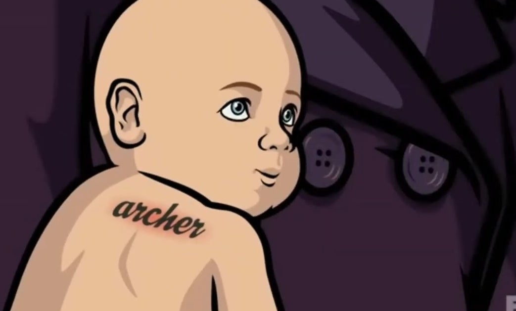 Baby Seamus with a tattoo of Archer&#x27;s name in &quot;Archer&quot;