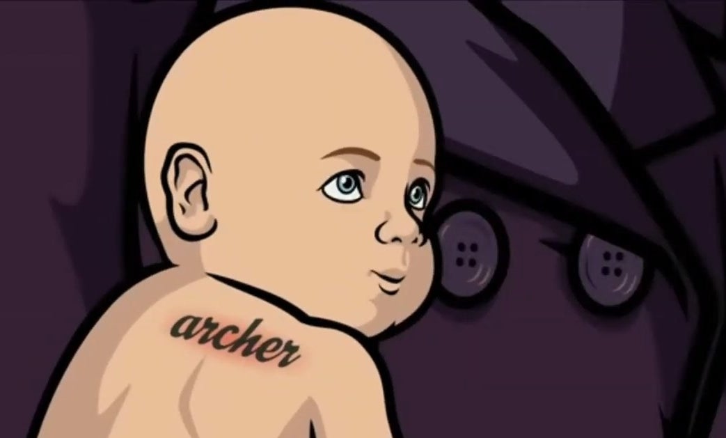 Baby Seamus with a tattoo of Archer&#x27;s name in &quot;Archer&quot;