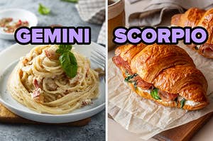 On the left, some pasta carbonara labeled Gemini, and on the right, a croissant sandwich labeled Scorpio