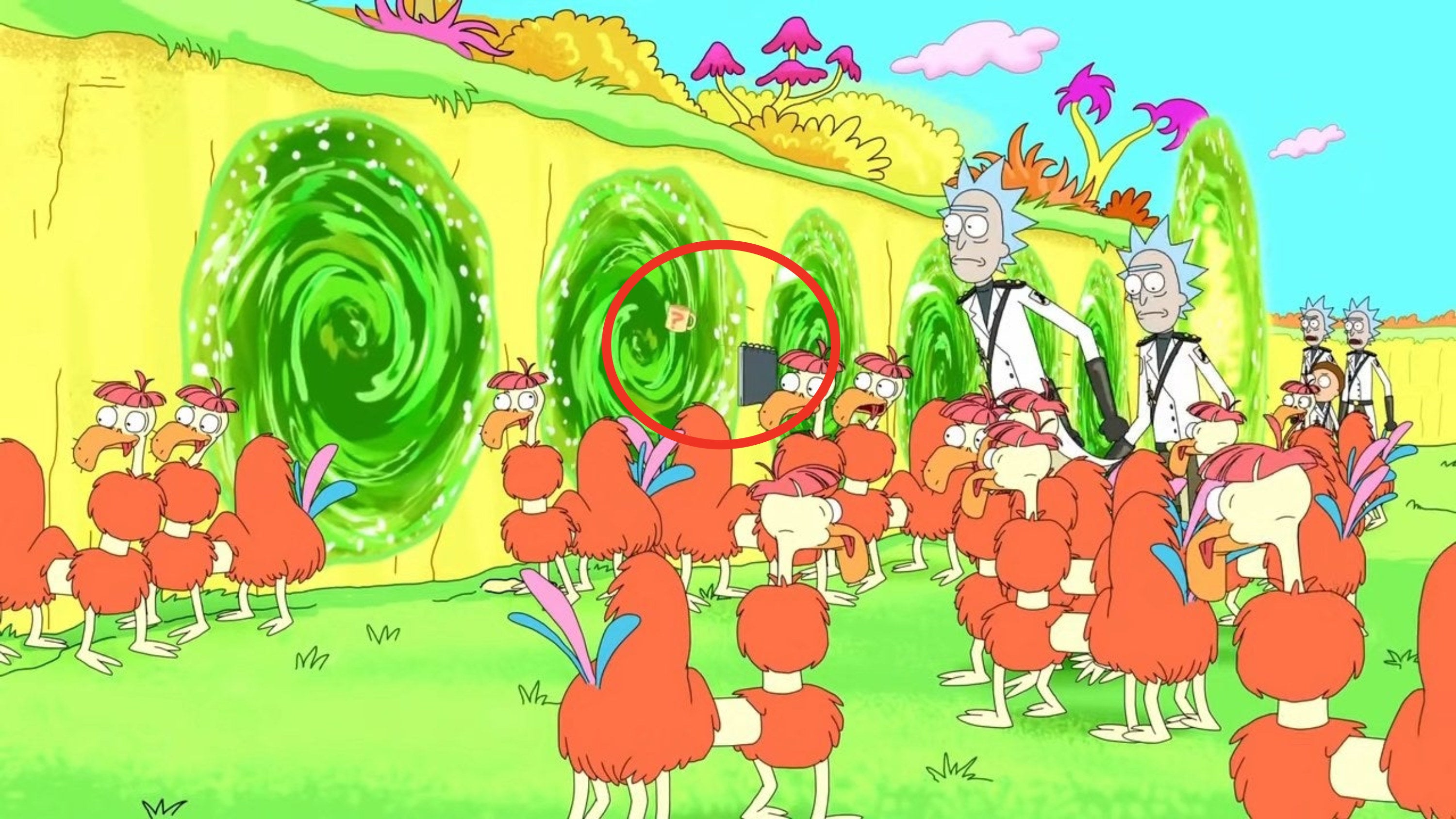 Ricks walking through a field of ostrich-like creatures next to multiple portals in &quot;Rick and Morty&quot;