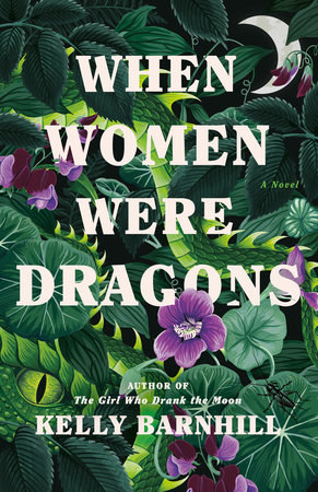 &quot;When Women Were Dragons&quot; cover illustration of flowers and leaves and a dragon eye peeking out