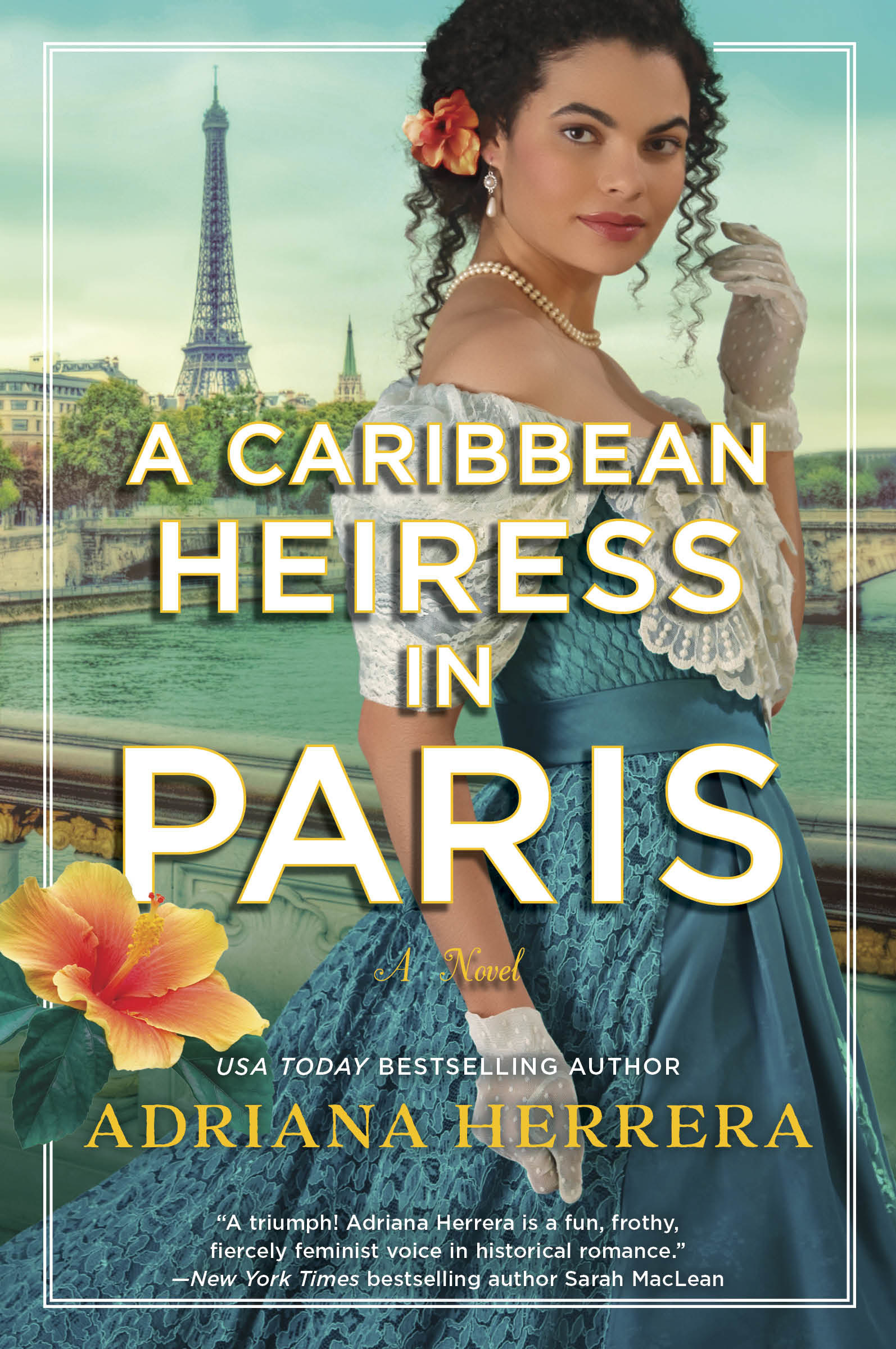 &quot;A Caribbean Heiress in Paris&quot; cover showing a woman in a fancy gown in front of a city view of Paris