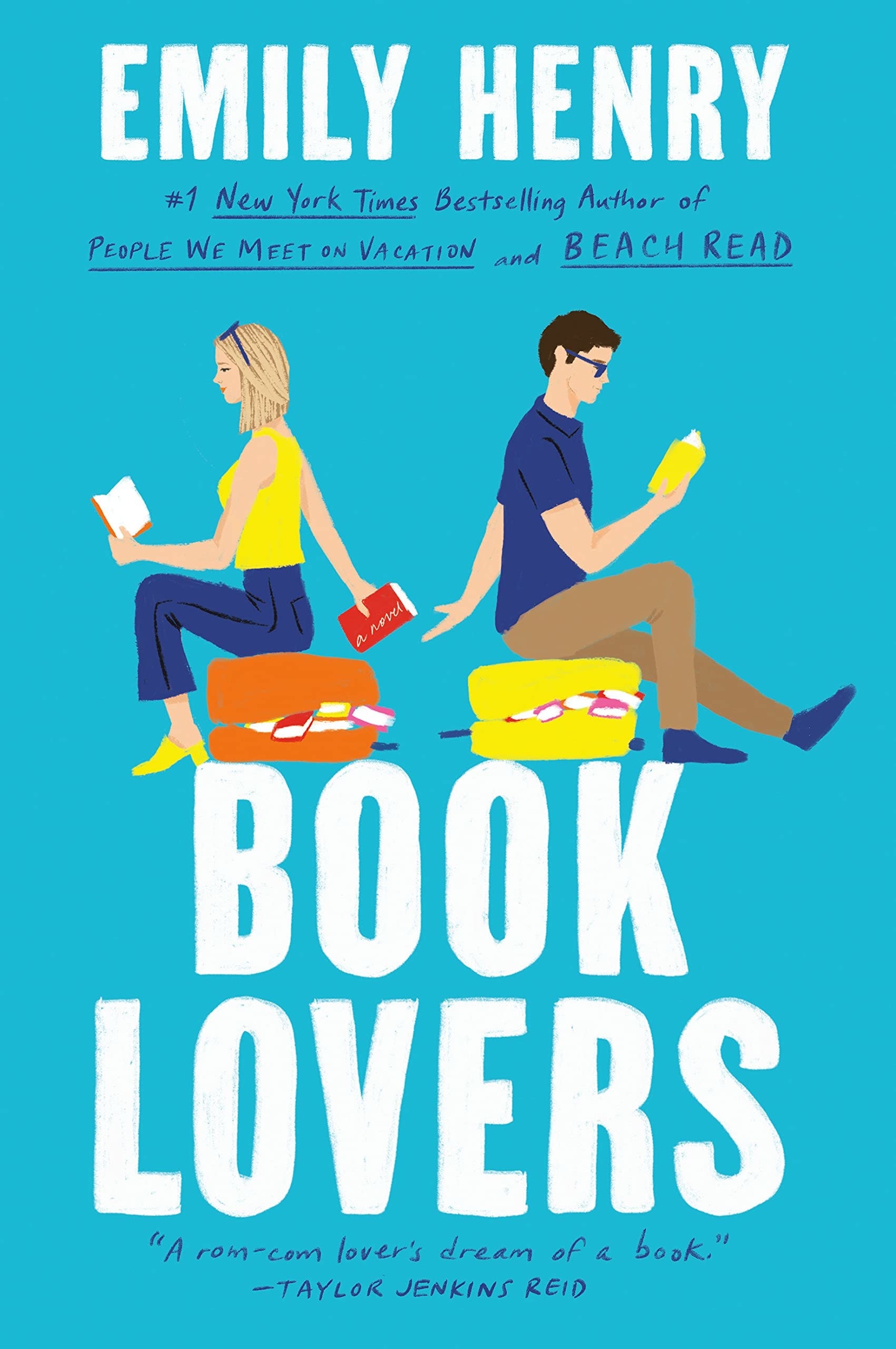 &quot;Book Lovers&quot; cover illustrating a guy and a girl reading books 