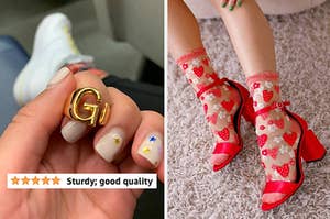 reviewer holding a gold initial ring with 5 star review that says "sturdy good quality" and model in strawberry socks