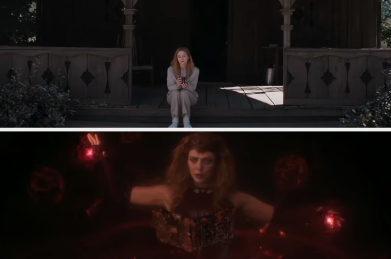 Wanda Maximoff sitting on a step; Scarlet Witch wielding power