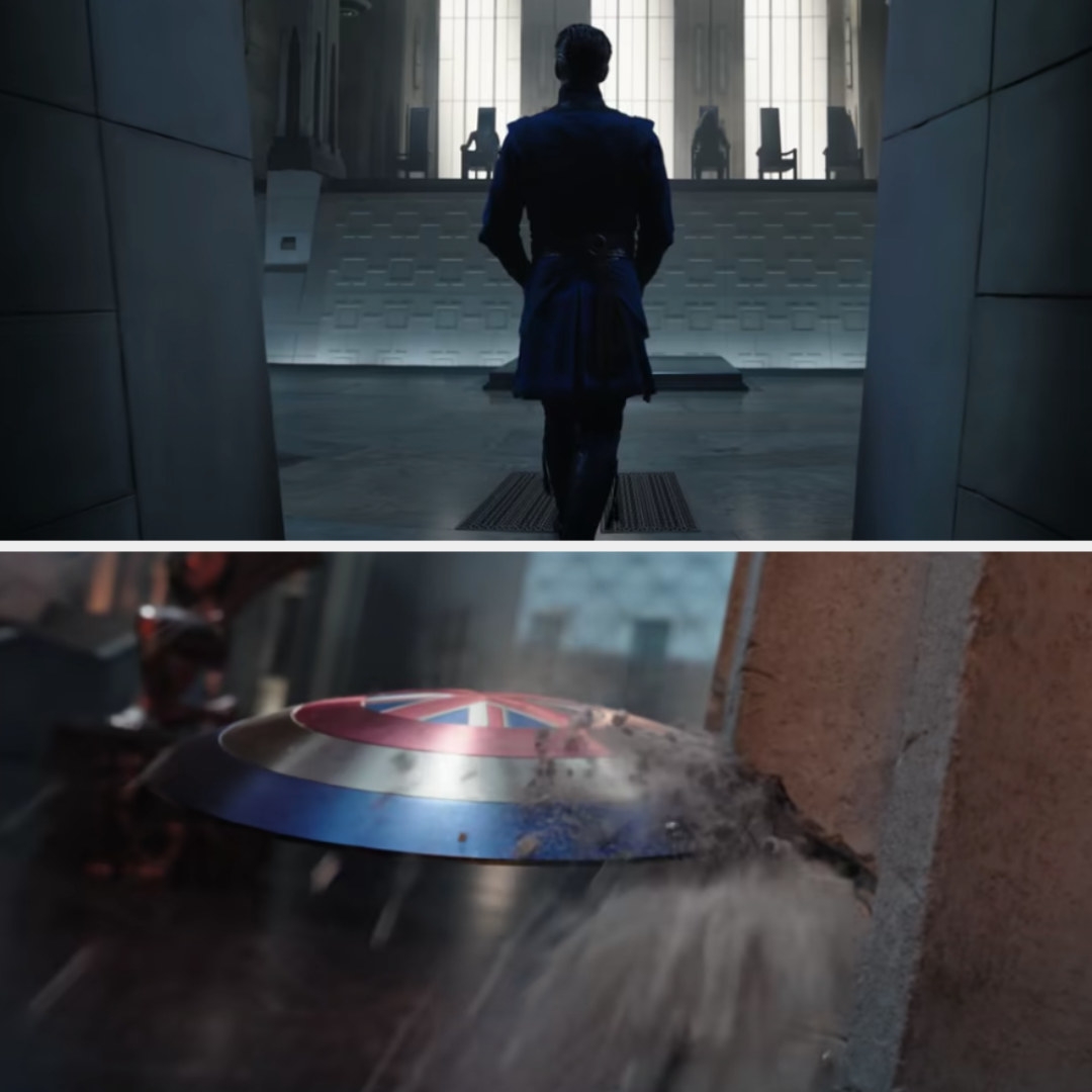 Doctor Strange entering a room with armchairs; a shield