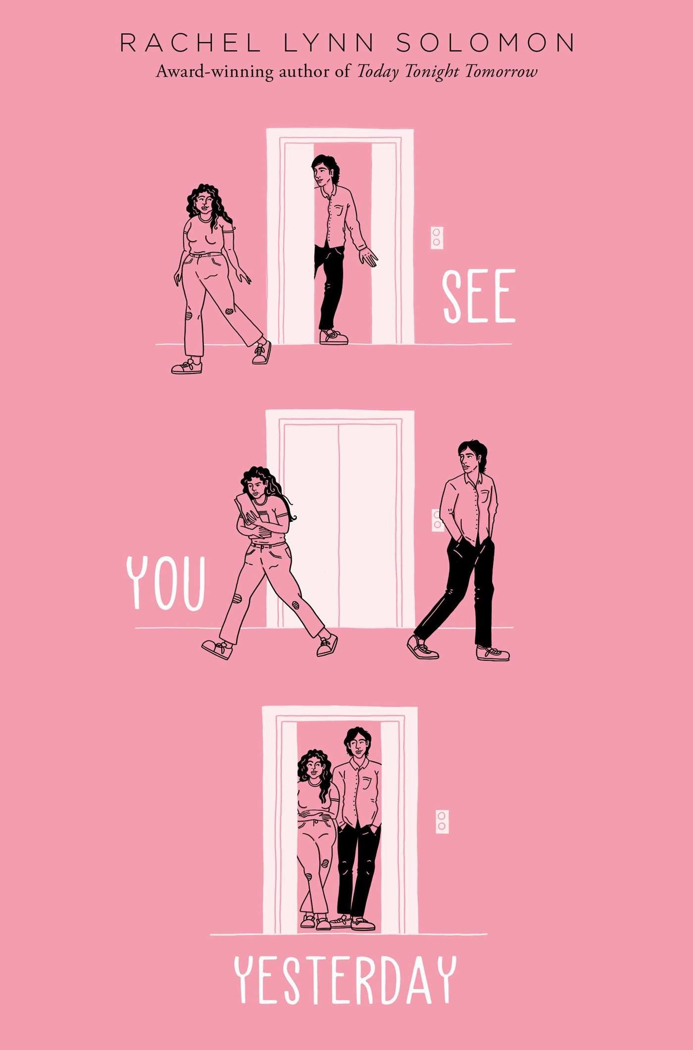 &quot;See You Yesterday&quot; cover illustration of two people coming in and out of an elevator