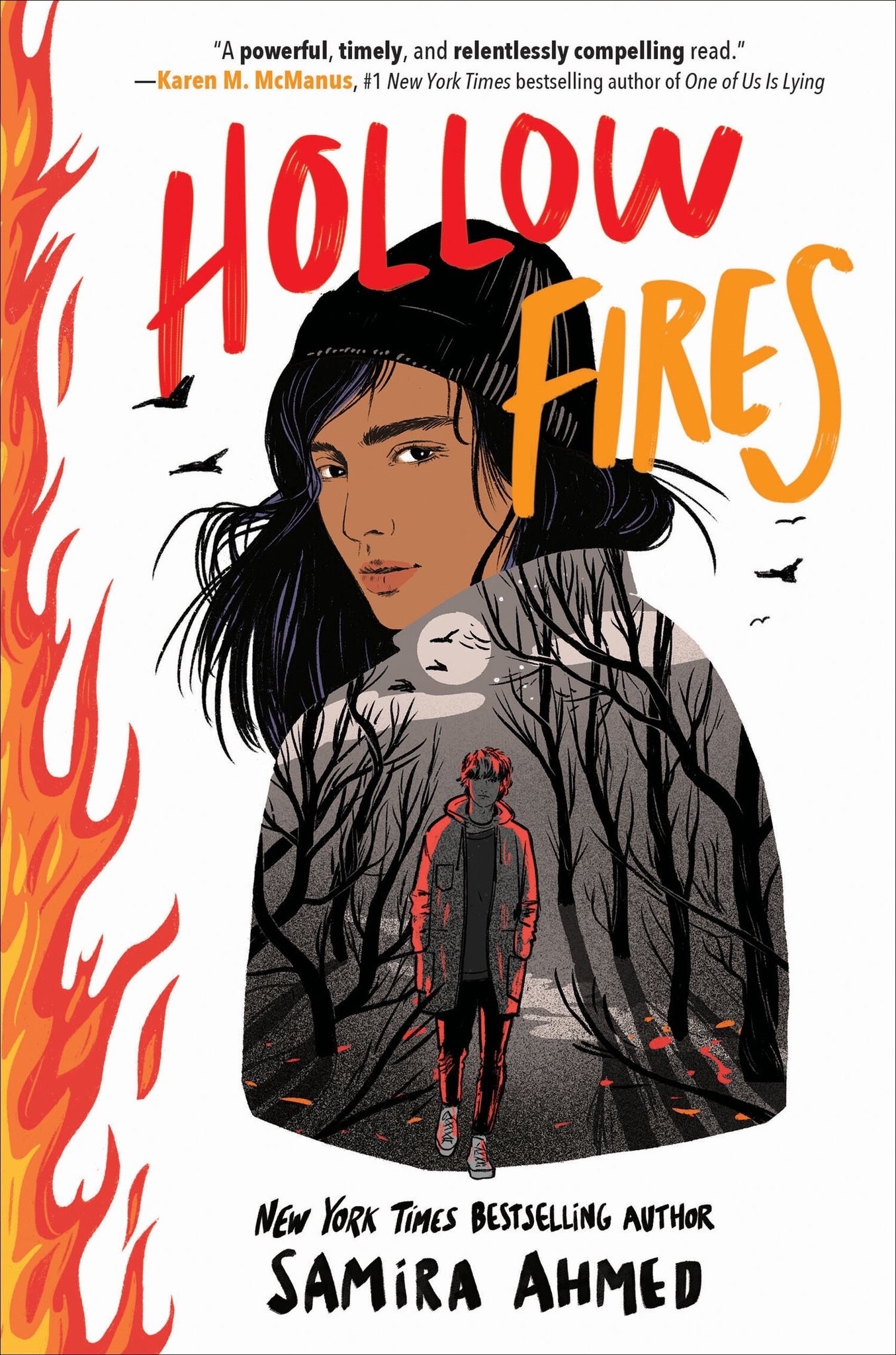 &quot;Hollow Fires&quot; cover illustration showing flames, a young woman looking behind her shoulder, and a guy in the woods at night