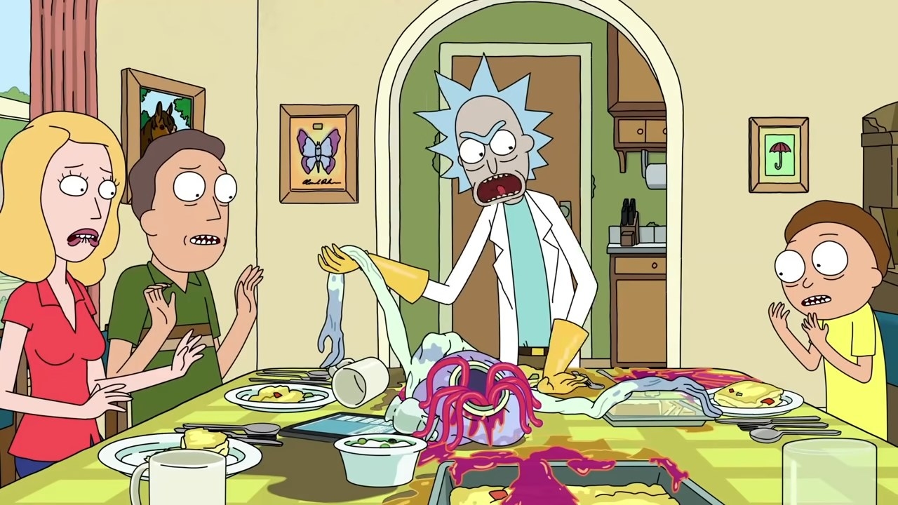 Rick, Morty, Jerry, and Beth looking at a dead memory parasite at the dinner table in &quot;Rick and Morty&quot;