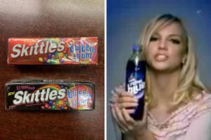 Skittles Bubble Gum and Britney Spears with a bottle of Pepsi Blue