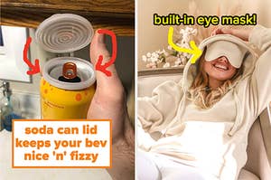 soda can lid that snaps onto can, person wearing hoodie with a built in eye mask