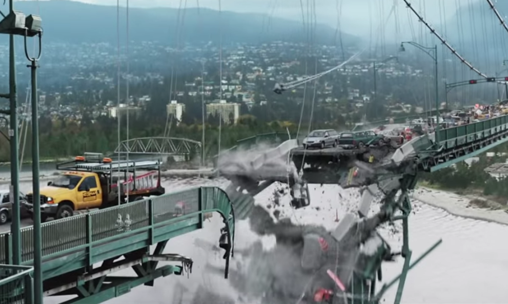 &quot;Final Destination 5&quot; scene showing a collapsed bridge with cars perched precariously at the edge