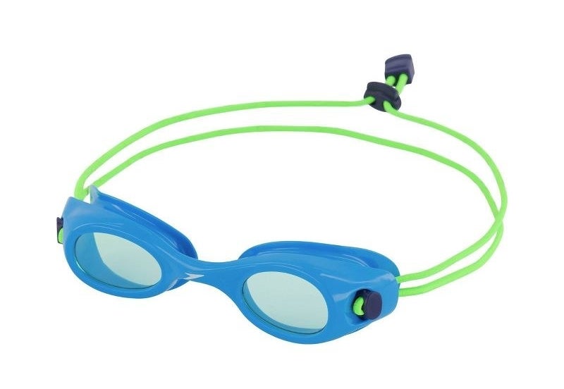 Blue and green swim goggles