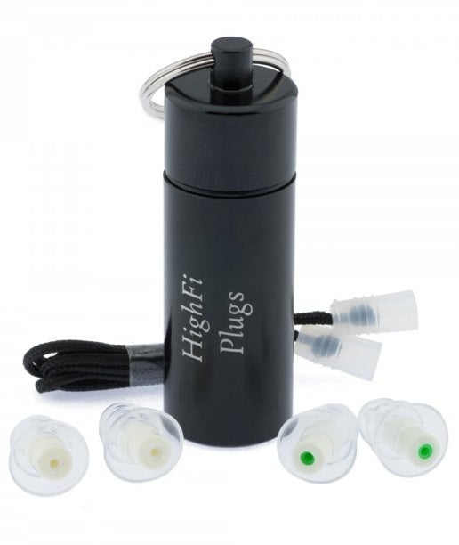 a pair of clear and green ear plugs with a portable case
