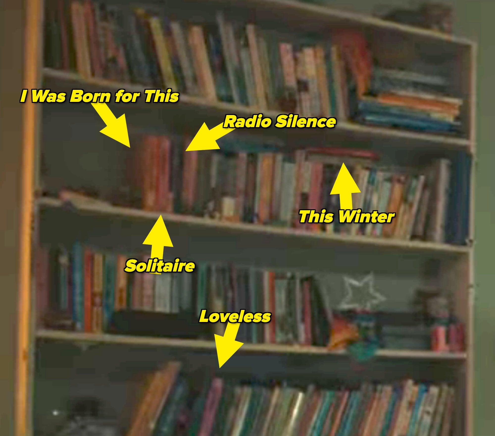 Bookshelf with "I Was Born for This," "Radio Silence," "This Winter," "Solitaire," and "Loveless" labeled