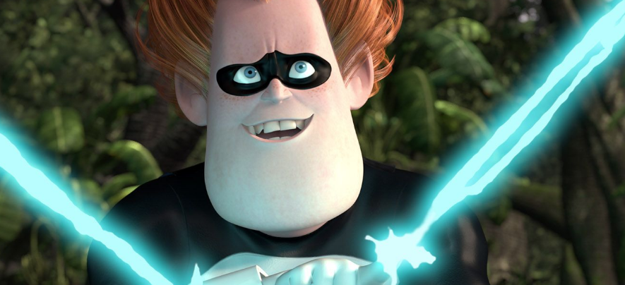 A close up of Syndrome as he shoots lasers from his fingers