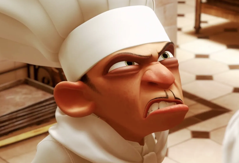 A close up of Skinner as he looks angry and wears a chef&#x27;s hat