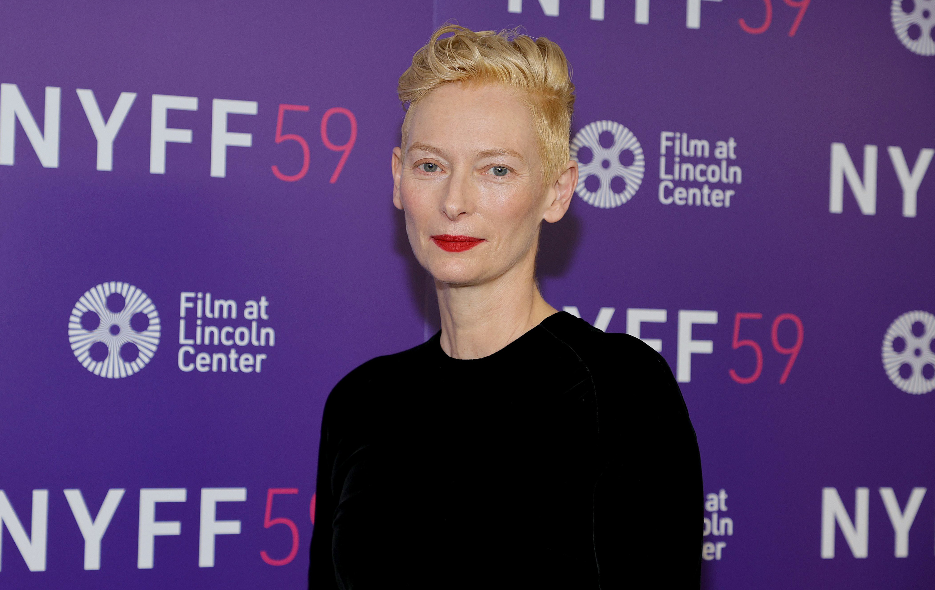 Tilda Swinton dressed in a black dress for an event