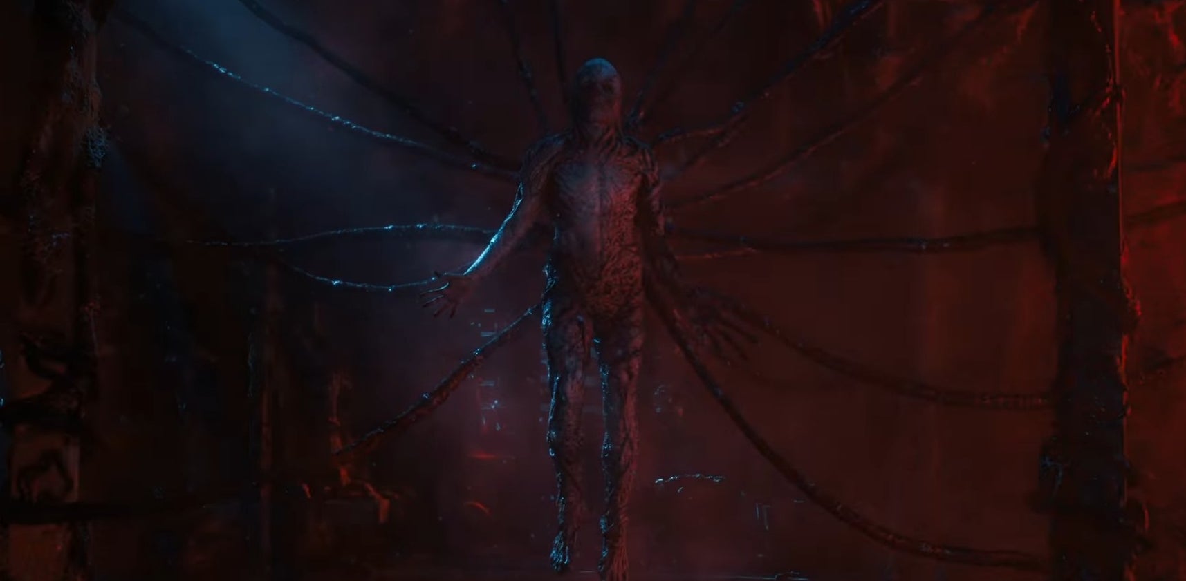 Vecna being suspended in the air by tentacles in the Upside Down in &quot;Stranger Things&quot;