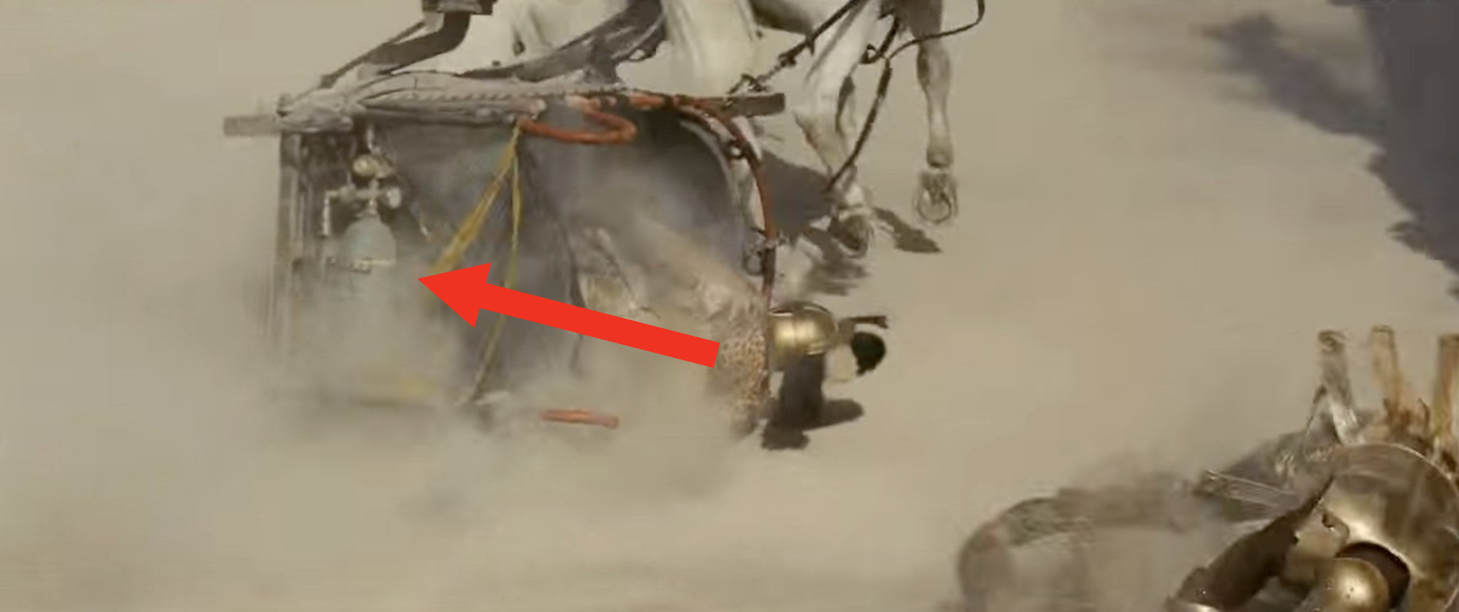A gas canister underneath an overturned chariot in Gladiator