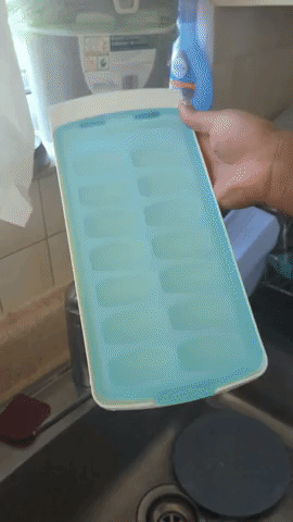 A GIF of Kaysey holding the filled ice cube tray vertically to show there&#x27;s no leakage