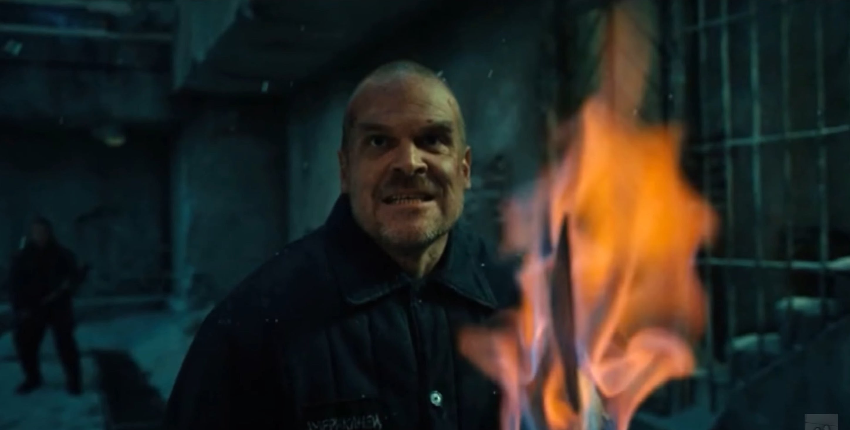 Hopper holding a flaming spear in &quot;Stranger Things&quot;