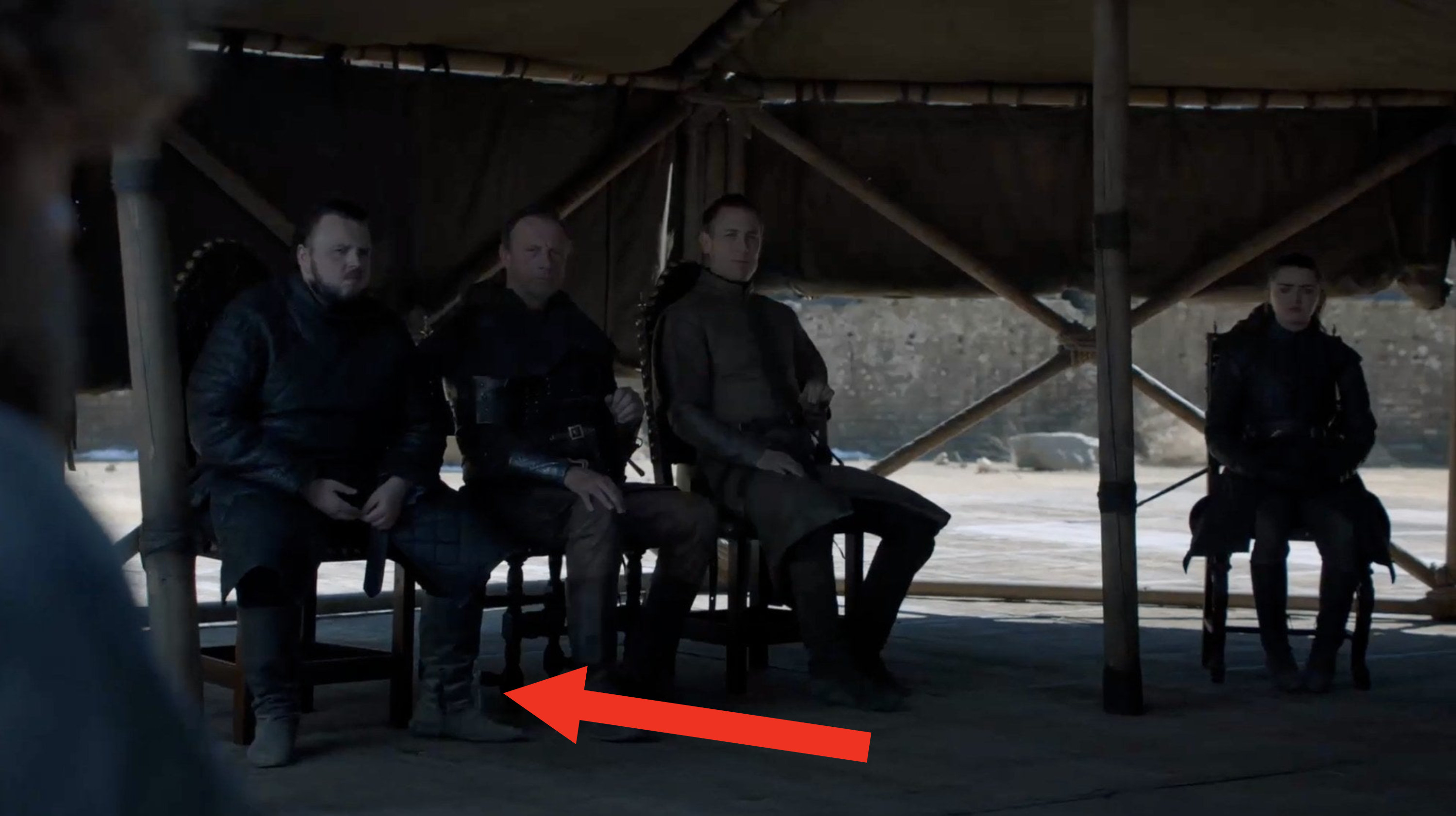 A shot from Game of Thrones with a water bottle barely in frame