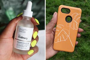 A person holding a bottle of hyaluronic acid, A person holding a phone case with a leafy pattern