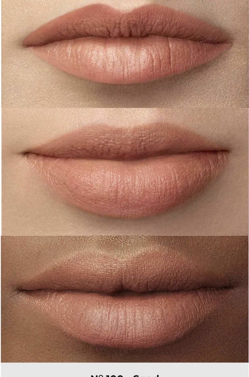 The sand shade shown on lips of three different skin colors, lighter, medium and dark