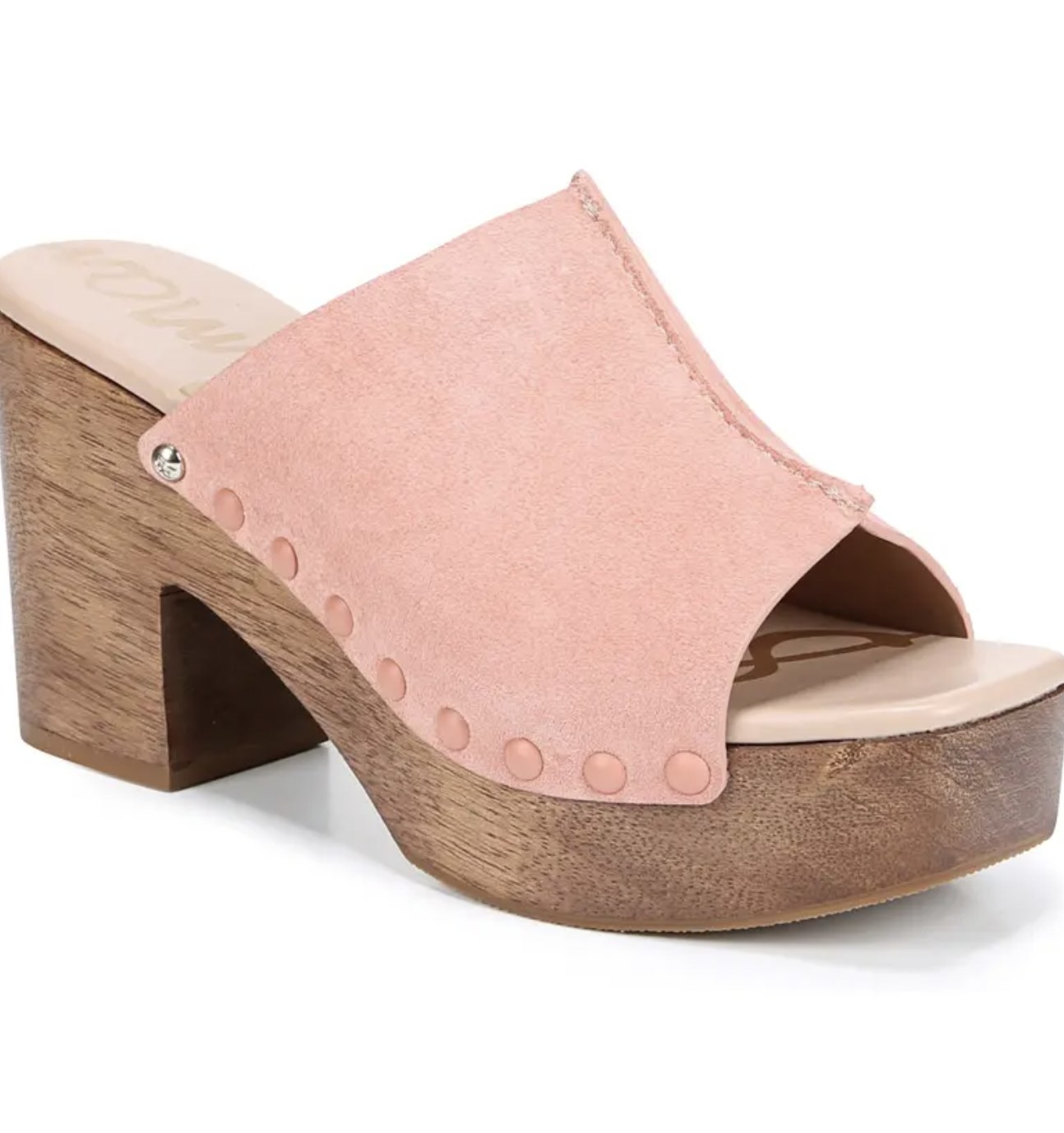 the pink wooden heeled platform clog-style sandal