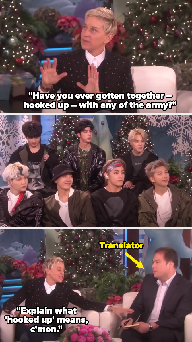 A picture of BTS on The Ellen DeGeneres Show and a picture of her asking them questions