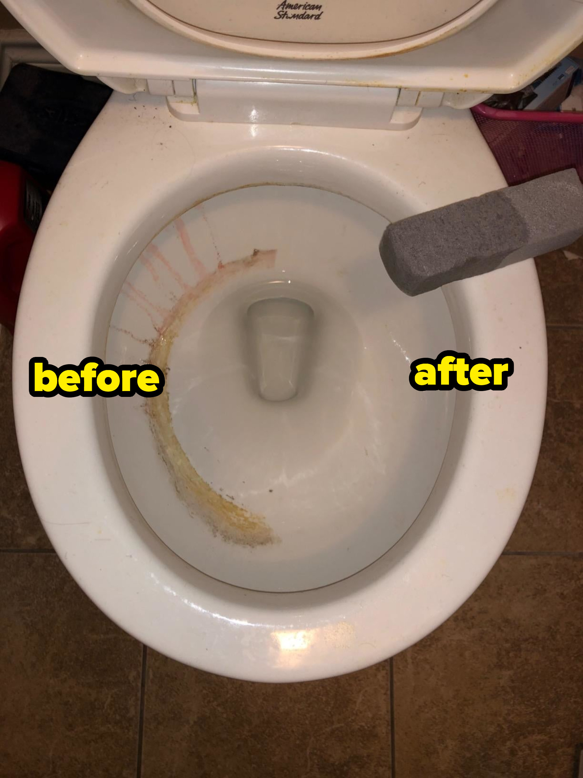 a before/after of a reviewer&#x27;s toilet, half with the stain, half without with the pumice stick resting on the rim