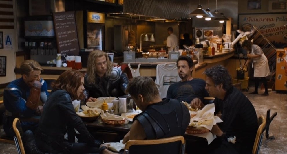 avengers sitting around a table eating tacos