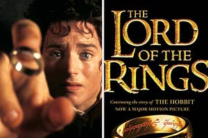 The One Ring falls on Frodo's finger and the book cover for "The Lord of the Rings"