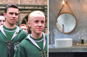 Draco Malfoy stands in front of his Quidditch captain and a circle mirror hangs over a sink