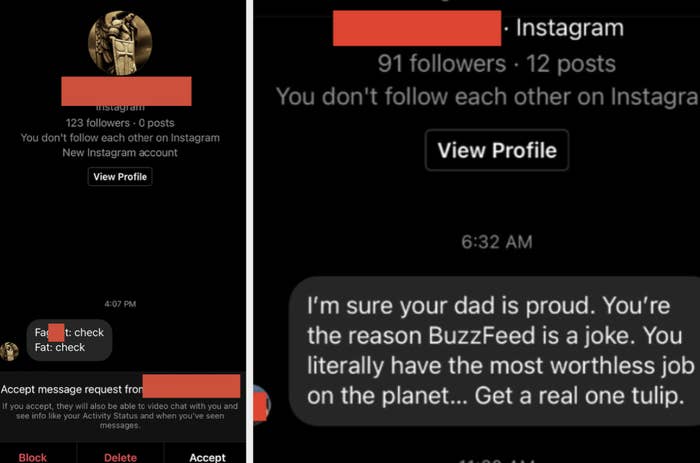 An IG comment: I&#x27;m sure your dad is proud; you&#x27;re the reason BuzzFeed is a joke; you literally have the most worthless job on the planet — get a real one tulip