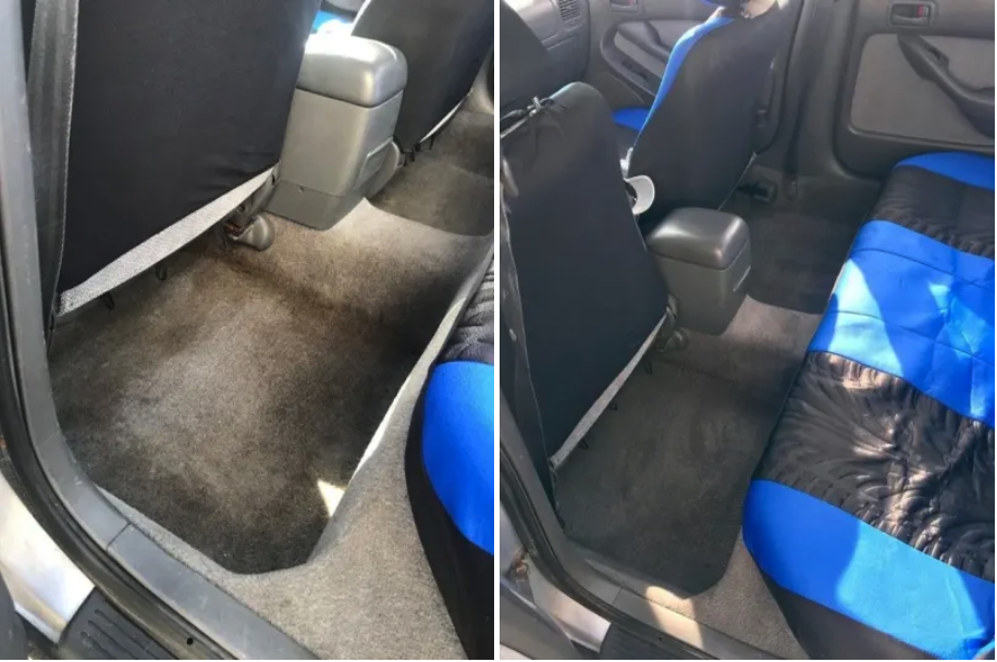 A reviewer&#x27;s car carpets looking brown and dirty before and brand new back to their original black color after