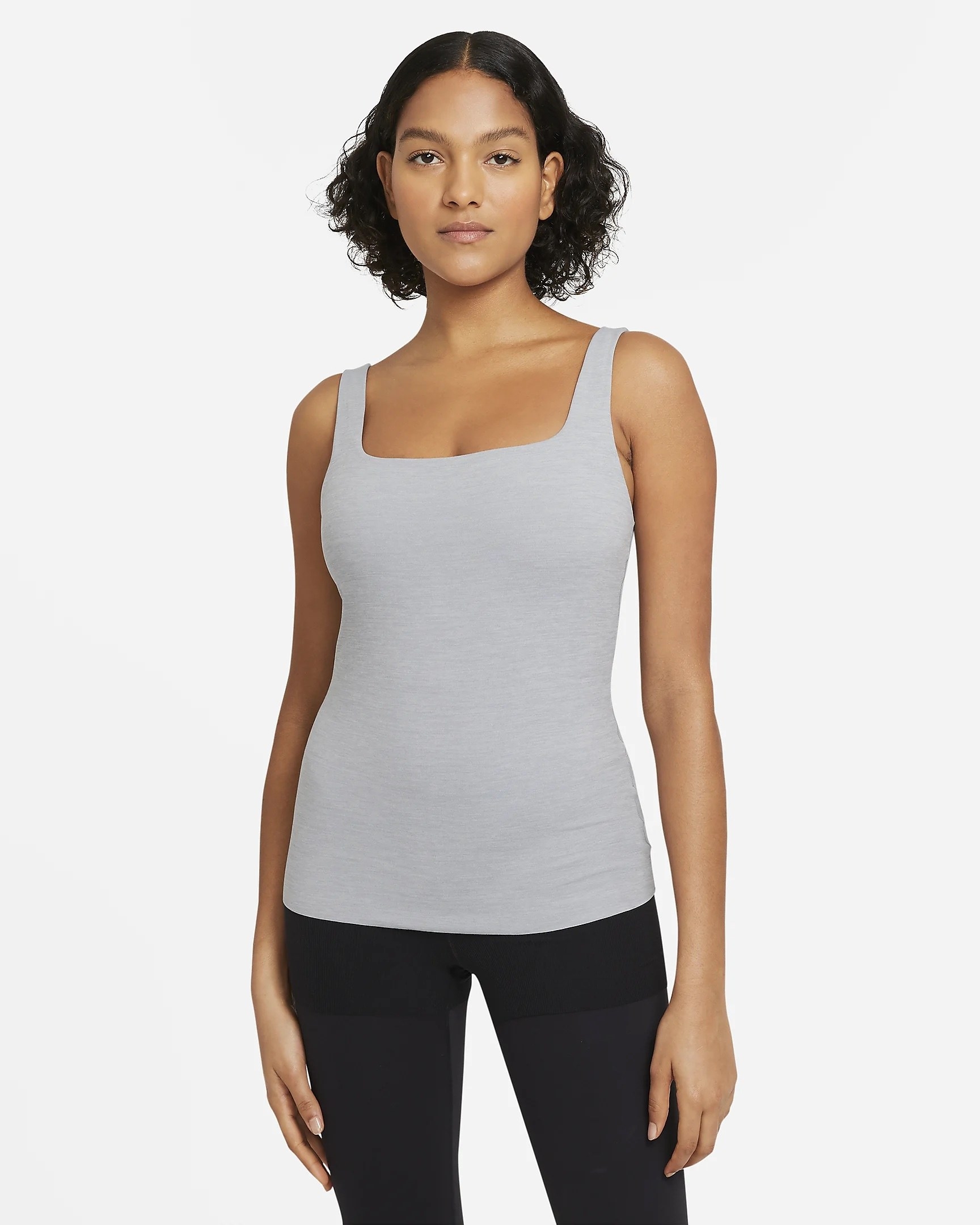 model in grey square-neck yoga top