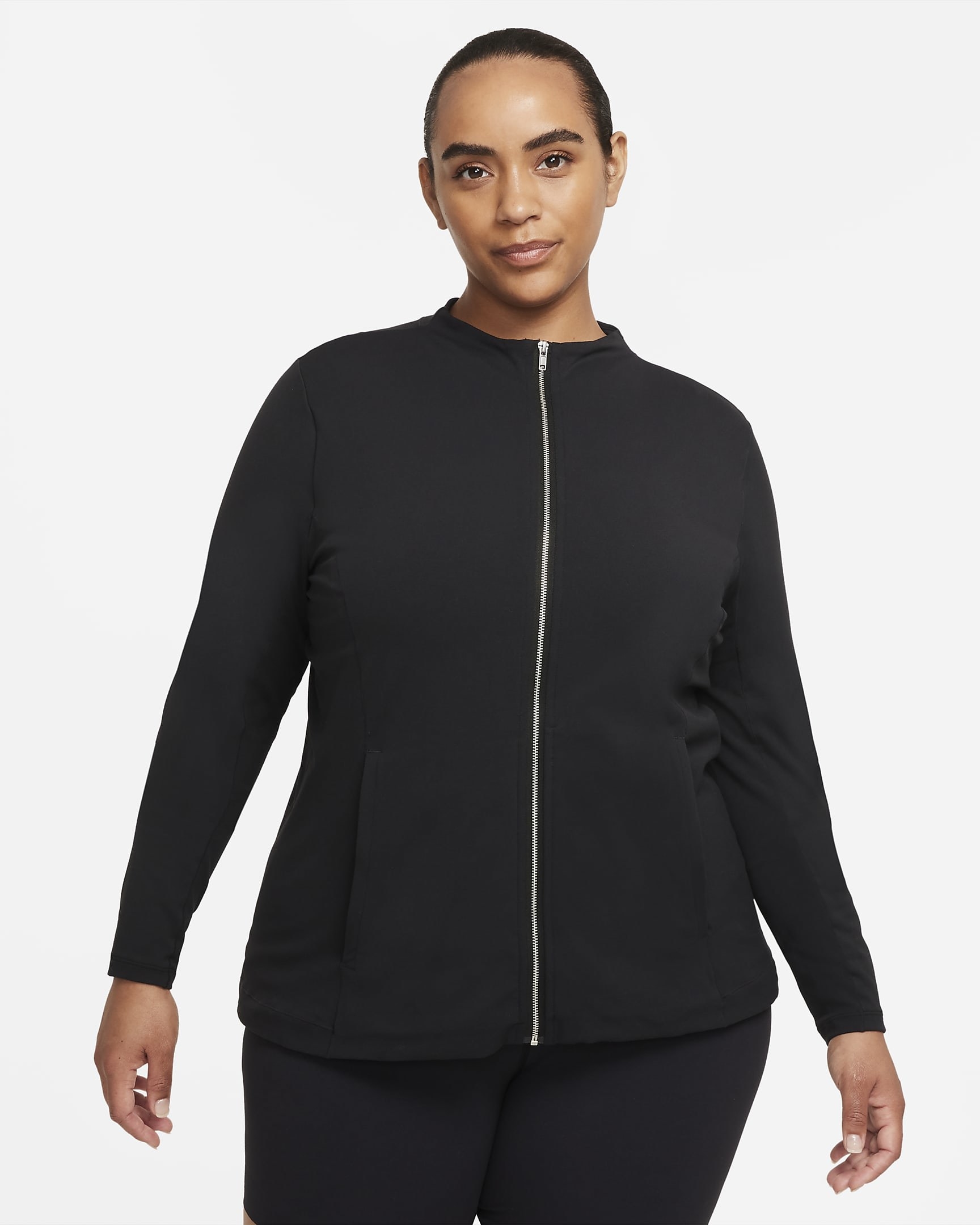 model in black long-sleeve zip-up jacket