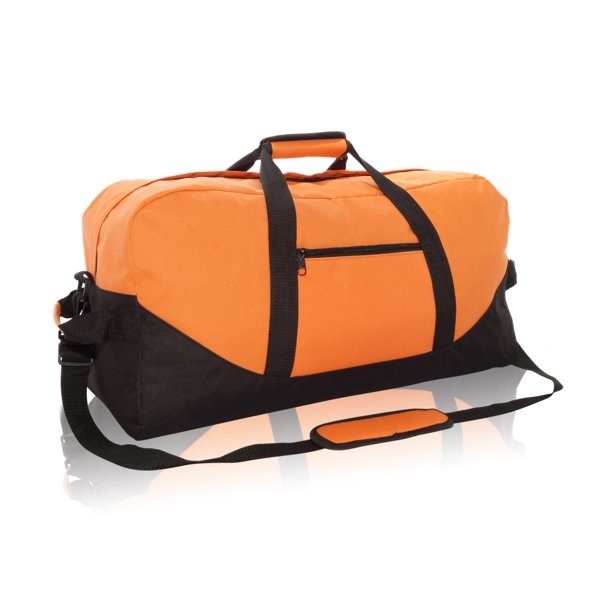 An image of an orange large duffle bag with an adjustable/detachable shoulder strap